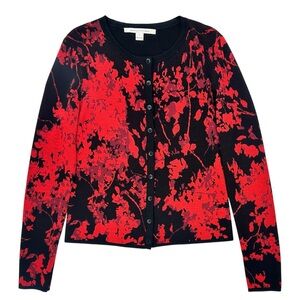 DVF Diane Von Furstenberg Black Red Wool Floral Button Up Cardigan Sweater sz L